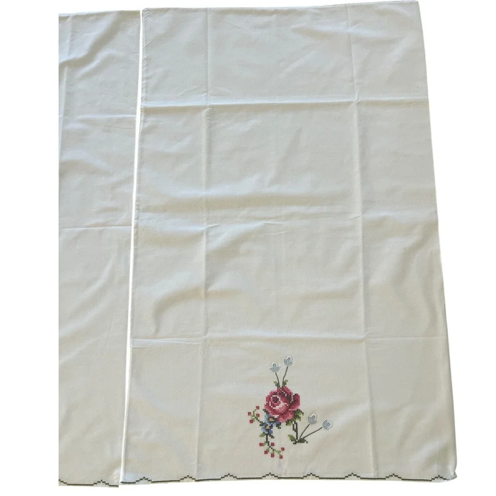 Vintage Cross Stitch Rose Pillowcase Pair White Cotton Floral Embroidery Cottage
